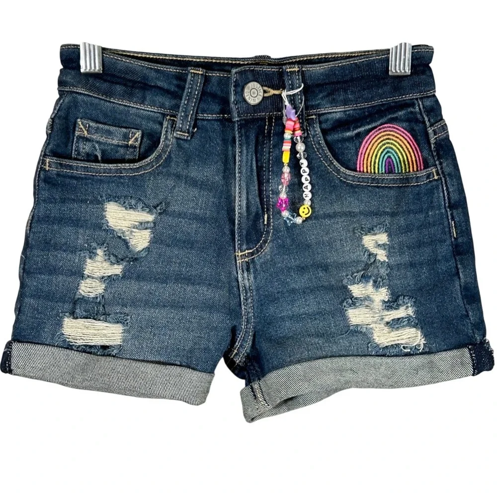 Justice Girls Mini Mom Shorts Medium Wash Distressed Rainbow Happy Size 10